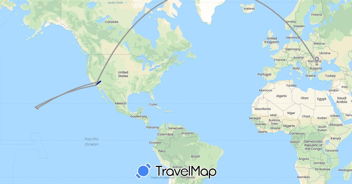 TravelMap itinerary: driving, plane in Romania, United States (Europe, North America)